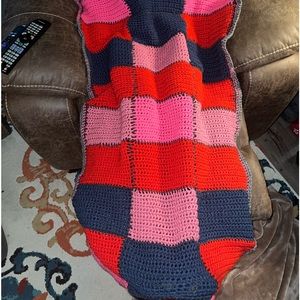Onesie Throw handmade crochet Acrylic Blanket in pinks, Red, Blue & Gray Trim-